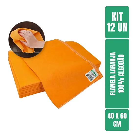 Flanela Algodão Laranja 40x60 cm Neves Limpeza Geral Kit 12 Unidades