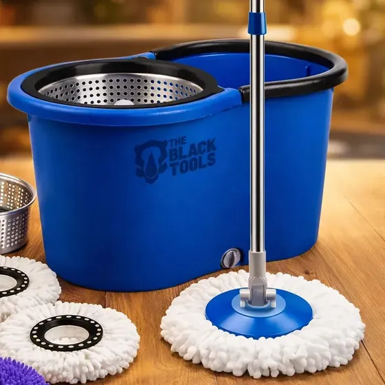 Esfregão Mop Giratório Cesto 12l E 3 Refis Centrífuga Balde Azul