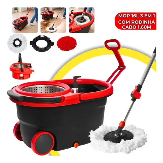 Mop Profissional 3em 1 Inox 16L Com Rodinha Balde 360º Giratório Multiuso Ajustável com Alça Extensível
