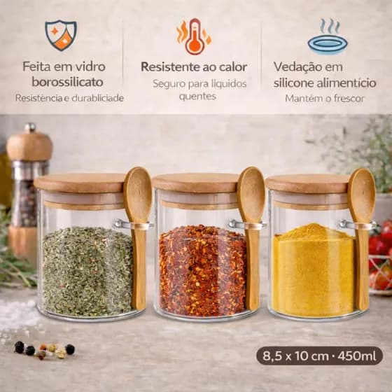 Kit 3 Potes De Vidro Herméticos Com Tampa De Bambu Com Colher De 450ml Para Mantimentos Alimentos Grãos Café Massas Cereais Cozinha Com Vedação Hermética Vidro Borossilicato Livre Bpa Transparente