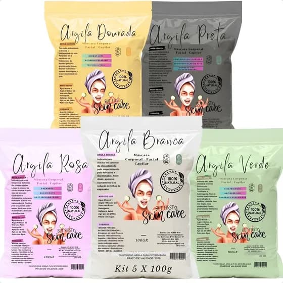 Kit Argila Skincare 5x100g Verde Branca Rosa Dourada Preta