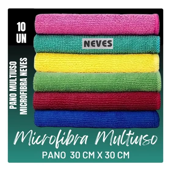 Pano Microfibra Flanela Pia - 10un - 30x30cm - Neves - Multiuso - Limpeza Geral E Delicada - Multicores