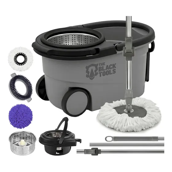 Mop The Black Tools Mop 360° Giratório TBBL04 Com Balde Centrífuga Inox Cinza Cabo Longo Alça Roda Com 3 Refis