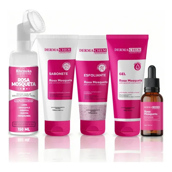 Skincare Rosa Mosqueta Dermachem + Sérum Rosa + Mousse Rosa