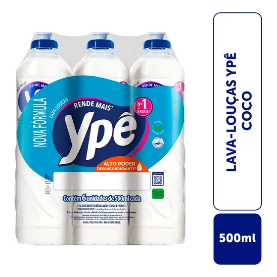 Detergente Lava Louças Ypê Coco 500ml Kit Com 6 Unidades