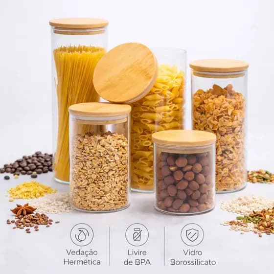 Kit 5 Potes de Vidro Borossilicato Herméticos com Tampa de Bambu para Alimentos