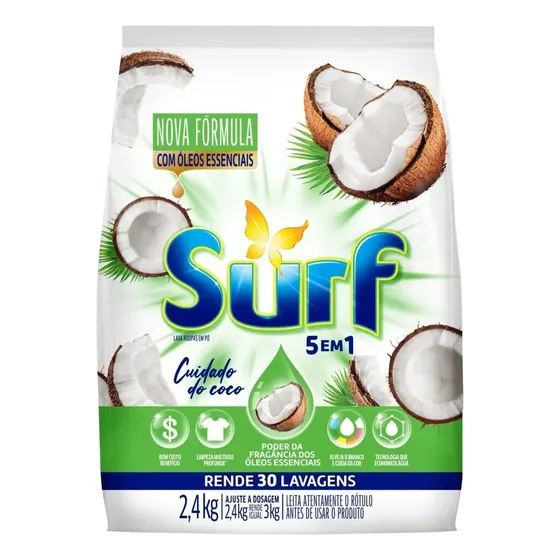 Sabão em pó Surf Cuidado do Coco Limpeza profunda eficiente coco pacote 2.4 kg