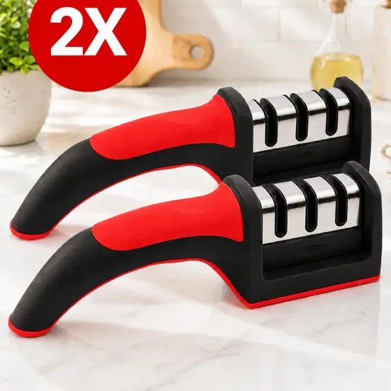 Kit 2 Afiador E Amolador De Facas E Tesouras Afia Amola Lâmina Fácil De Usar Profissional Portátil Inox Ideal Para Cozinha Churrasqueira Churrasco - Marca Kill Rex Vermelho