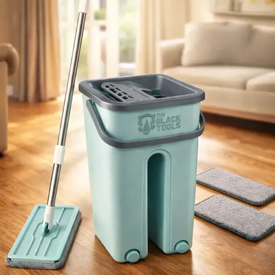 Rodo Mop Esfregão Flat Magico Giratório 360° Balde Lava E Seca + 2 Refis Azul The Black Tools