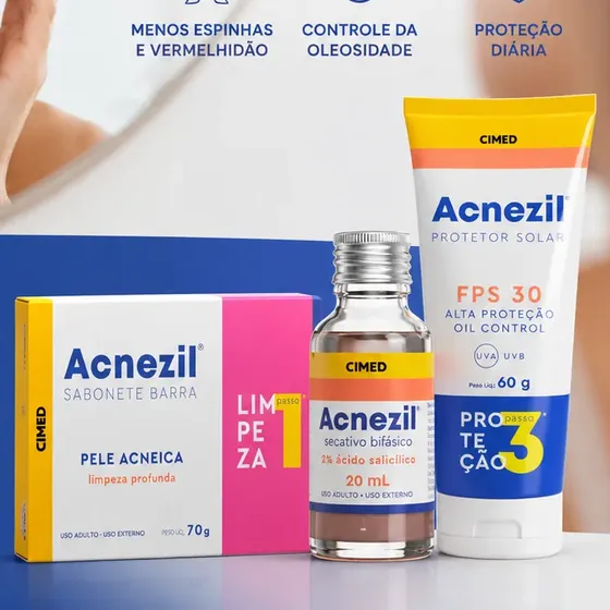 Kit Skincare Acnezil Sabonete Bifásico Protetor Fps30