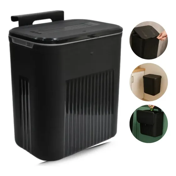 Lixeira Suspensa 9L Pia Cozinha Armário Banheiro Chão Parede Suporte com Adesivo Cor Preto