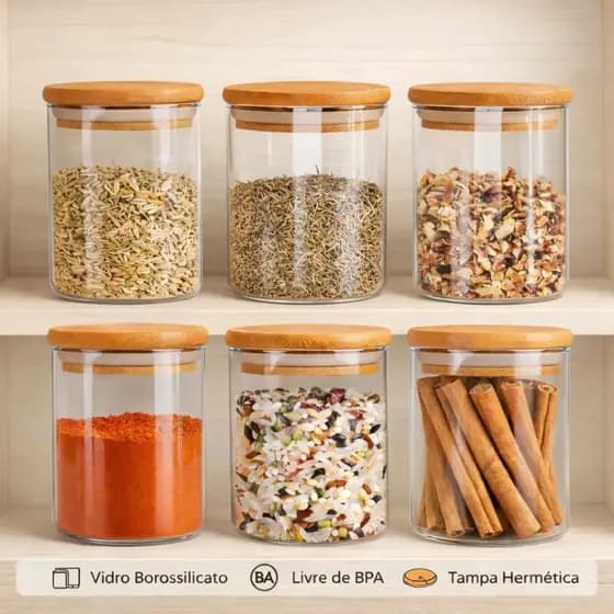 Porta-Tempero Hermético de Vidro Borossilicato Com Tampa de Bambu, Pack Com 6 Potes de 200 mL