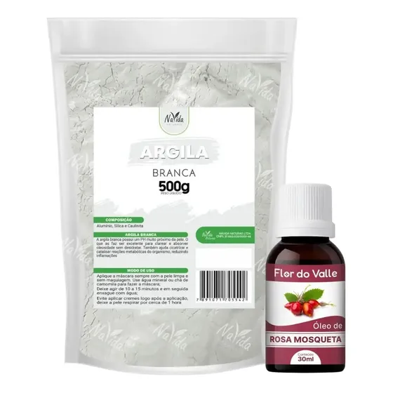 Argila Branca 500g + Óleo De Rosa Mosqueta 30ml - Clareador