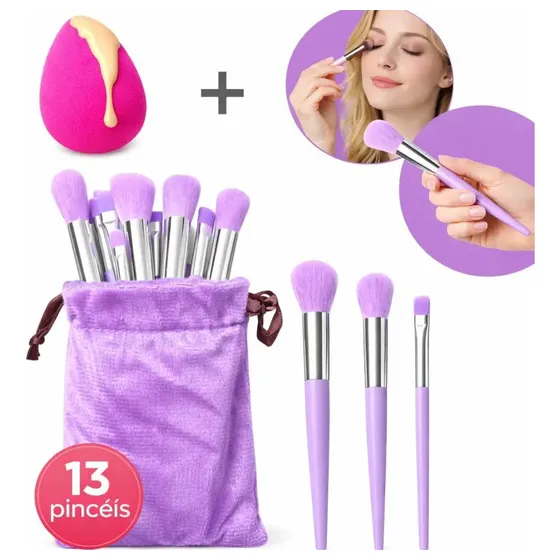 Pincel Maquiagem Kit 13 Peças Profissional Com Estojo e Esponja Lilas Boa Dica