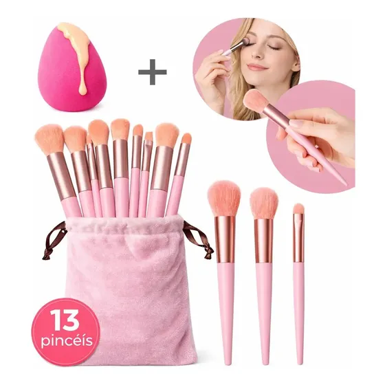 Pincel Maquiagem Kit 13 Peças Profissional Com Estojo e Esponja Rosa Boa Dica