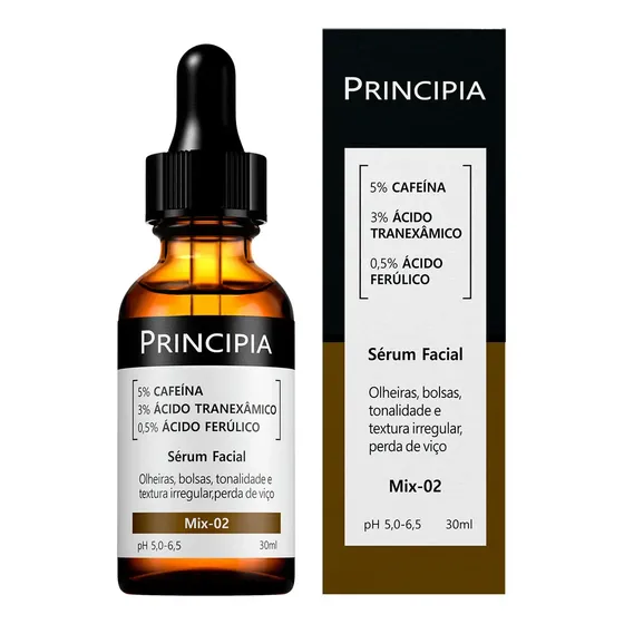 Sérum Facial Mix 02 5% Cafeína + 3% Tranexâmico + Ferúlico Skincare Anti Olheiras e Manchas com 30ml Principia