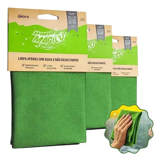 Pano limpa vidro Microfibra mágico Akora Verde-musgo Limpa Vidros Espelhos Kit C/ 3 Un