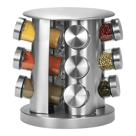 Porta-Tempero Giratório Inox 12 Potes Vidro Aço Inox Mesa