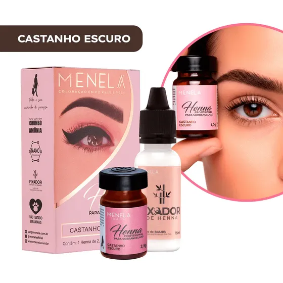 Henna Menela Castanho Escuro Padrão Profissional Para Designer De Sobrancelhas 2.5g Com Fixador E Nanotecnologia Completo