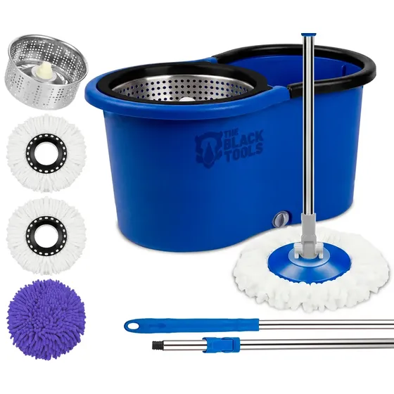 Esfregão Mop 360° Balde Inox Giratório 12L Azul Cabo Longo 160cm Alça 3 Refis Microfibra TBBL03 The Black Tools
