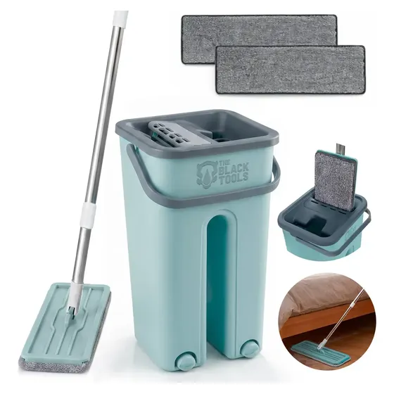 Mop Flat Magico Balde Duplo Lava Seca Esfregão Rodo Multiuso Azul-Claro TBBL01 The Black Tools
