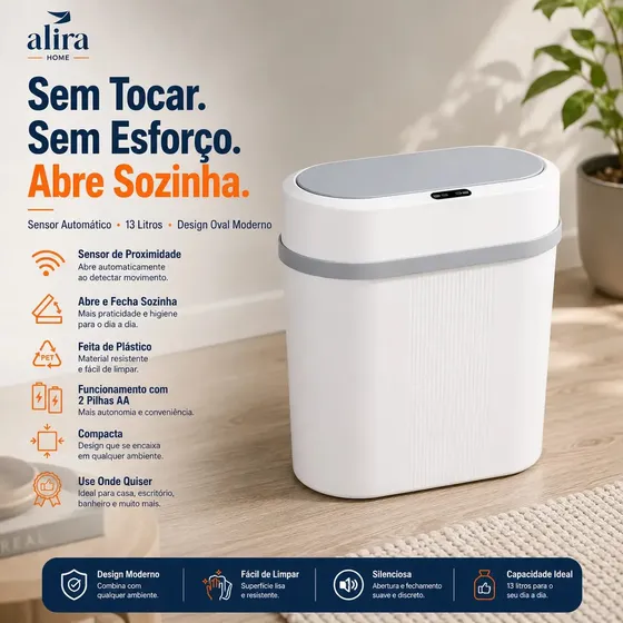 Lixeira Inteligente Oval 13 Litros Sensor Automático Alira Branco