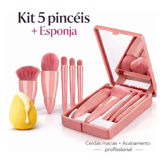 Kit 5 Pinceis Maquiagem Com Espelho + Esponja Portátil Necessaire Mini Brush Viagem Boa Dica