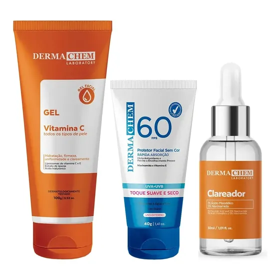 Kit Vitamina C Dermachem Serum Gel Antiidade Protetor Facial