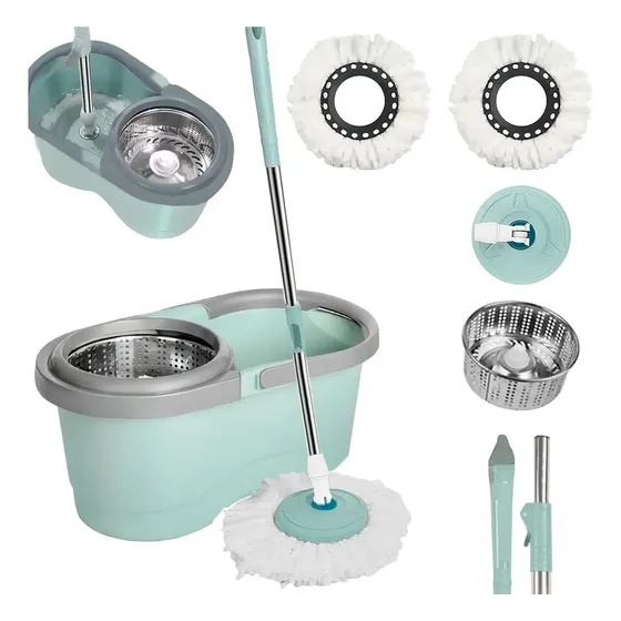 Mop giratório c/ refil rodinhas esfregão 130cm 8l cesto inox higiene limpar casa praticidade rápida fácil limpeza uso longo cabo balde completo sem esforço remova sujeira